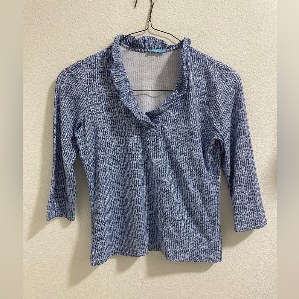 J. McLaughlin Catalina cloth blue and White Ruffle Blouse
